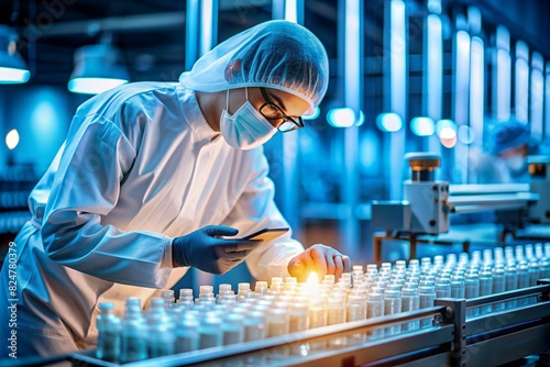 Production of medicines. A pharmacist checks medical vials on an automatic conveyor of a pharmaceutical factory production line using artificial intelligence.