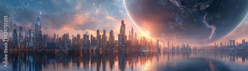 Futuristic city with gleaming skyscrapers under a massive holographic planet, reflecting on a serene water surface
