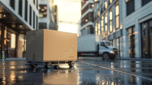 A delivery box mockup positioned before a transport truck background, representing shipping services, with abundant copy space for promotional content or logos
