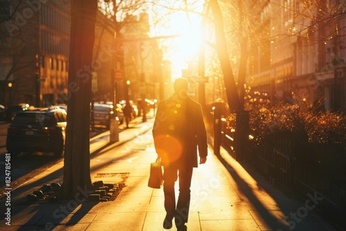 Silhouette of a person walking on a city street during a vibrant sunset, capturing the essence of urban life with golden hues.