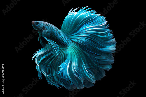 Blue Betta fish with flowing fins. Striking blue Betta fish displaying long, flowing fins against a black background, showcasing its vibrant colors and intricate details.