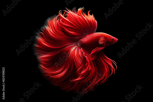 Red Betta fish with majestic fins. Vivid red Betta fish with long, majestic fins against a black backdrop, highlighting its vibrant coloration and elegant movement.
