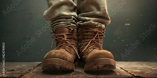 Military boots on black brown sneakers on old boards. Leather shoes. wooden table winter shoes on gray background