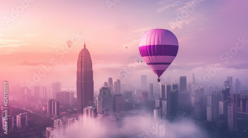 A hot air balloon glides through the sky above a bustling cityscape
