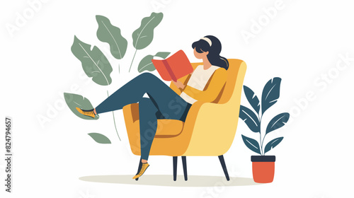 Woman read in cozy armchair. Hobby icon. Resting pers
