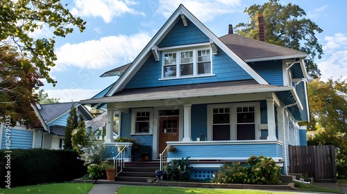 Craft man house exterior in pale blue paint with white trims
