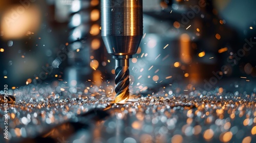 A close-up of a drill bit penetrating metal on a CNC machine, with sparks and metal shavings flying.