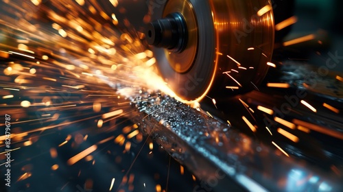 A high-speed grinding wheel generating bright orange sparks as it grinds a piece of metal in a workshop.