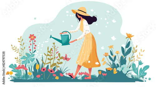 Woman with watering can pouring water. Gardening pers