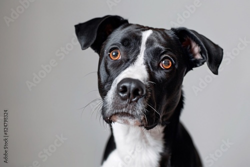 a black and white dog with brown eyes