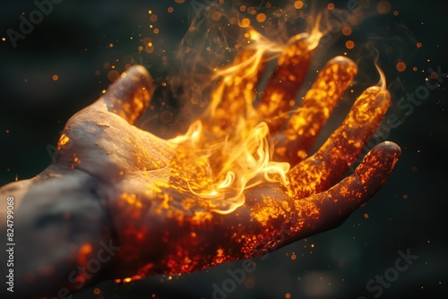 Une main en feu. Concept autour d'une main qui brûle, environnement, argent, sentiment. A hand on fire. Concept around a burning hand, environment, money, feeling.