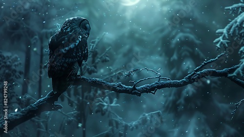 Owl perched on a branch in a dark, mysterious forest, moonlight casting a glow, haunting and mystical, wild and nocturnal, copy space.,