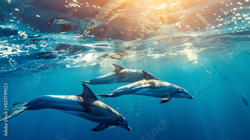 Dolphins gracefully swimming in the open ocean, clear blue water and sunlight filtering through, harmonious and majestic marine life, copy space.,