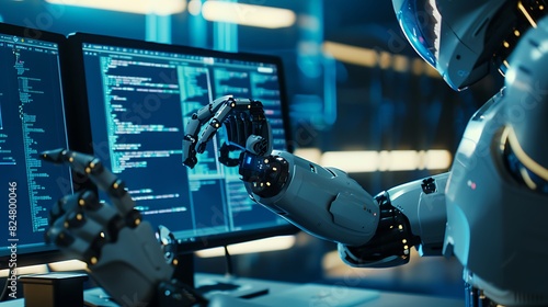 Robot assisting a programmer in coding tasks, advanced AI interface, futuristic lab setting, blending human ingenuity with artificial intelligence, copy space.,