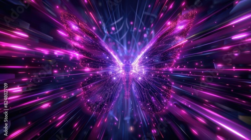 3d rendering, abstract cosmic BUTTERFLY background, ultra violet neon rays, glowing lines, cyber network, speed of light, space-time continuum