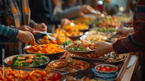 Close-up of hands exchanging food at a potluck dinner , Asia Person, Leading lines, centered in frame, natural light,photography