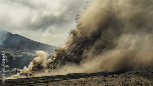 Beginning Moments of a Landslide - Captivating Aerial View of a Landslide in Progress with Dust Clouds Rising