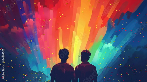 silhouette of a couple LGBT mens lovely friend with rainbow background