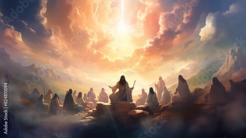 a group of people meeting Jesus in heaven, clouds and sun, dreamy, pastel colors, oil painting style, epic scene, fantasy art cover design