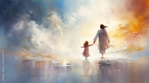 Watercolor art of Jesus walking with little girl