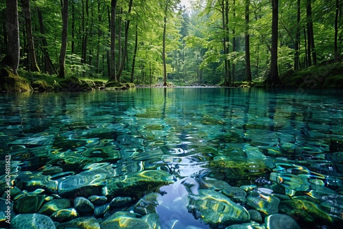 Serene clear freshwater spring surrounded by lush forest. Crystal clear blue water with visible stones creates a tranquil atmosphere.