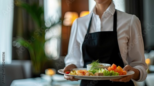 close-up of a waitress carrying a dish. Selective focus