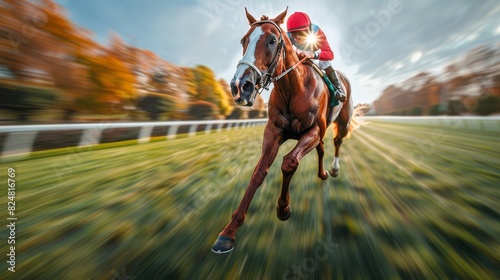 The racehorse and jockey are sprinting down the track with a vivid sense of motion in the image due to the motion blur and sharp equine focus