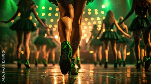Energetic Irish dancers in green skirts and black shoes performing a traditional dance on stage