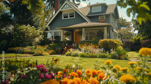 A craftsman foursquare with a vibrant flower bed overflowing with colorful blooms. The captures the meticulous landscaping design