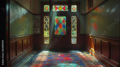 A craftsman foursquare with a stained glass transom window above the doorway, depicting a geometric pattern in vibrant colors.