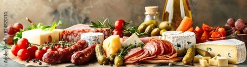 A variety of delicious cheeses, savory sausages, and pickled vegetables arranged on a wooden cutting board, perfect for meat appetizers and entertaining guests.