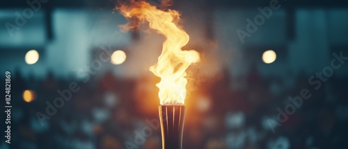 Flame burns in Olympic torch set against an abstract, blurred background