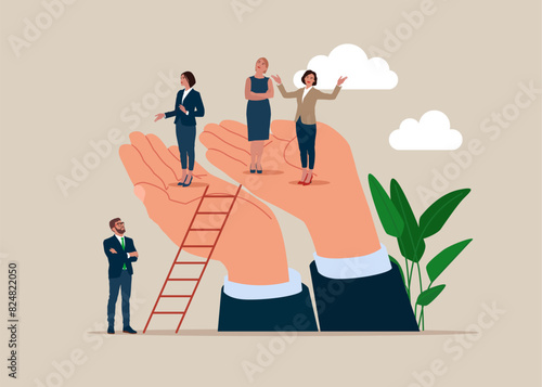 Businesswomen climb up ladder up with no space left for man. Gender gap, woman domination in company executive board, inequality in management position. Flat vector illustration