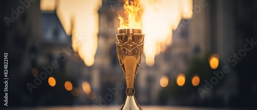 Flame burns in Olympic torch against a blurred backdrop of Paris. 
