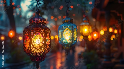 An illustration of traditional lanterns (fanous) glowing warmly, commonly used during Ramadan to decorate homes and streets. List of Art Media Photograph inspired by Spring magazine