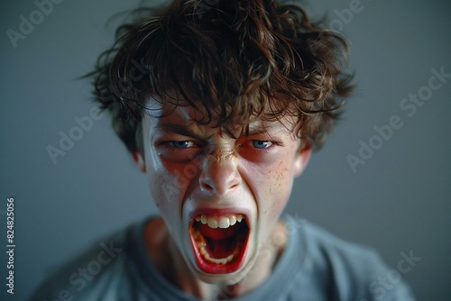 Angry young man screaming with mouth opening on a gray background