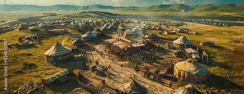 A vast Mongolian encampment stretches across the rolling steppe. The gers are arranged in a neat and orderly fashion.
