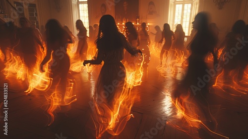 A dramatic and artistic image portraying dancers with fiery trails in what appears to be a ritual or performance in a vintage ballroom