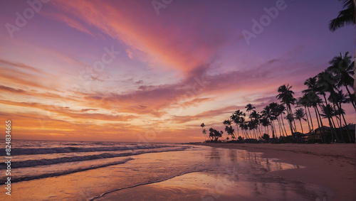 A tranquil beach at sunset with waves gently lapping at the shore. The sky is ablaze with vibrant hues of orange, pink, and purple, and palm trees are silhouetted against the horizon