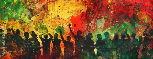 abstract painting of a large crowd of protest rising people. The figures should be mostly silhouettes, with some details in the clothing.