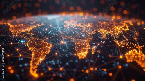 A glowing orange digital network superimposed on a world map highlighting global connectivity