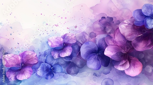 Abstract purple watercolor background with delicate flowers.