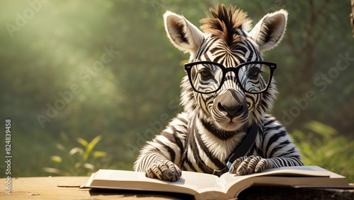 zebra wearing horn-rimmed glasses, sitting at a wooden table and reading a book