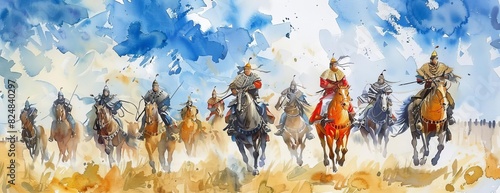 A group of fierce warriors ride horses across the battlefield