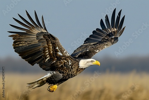 Featuring a bald eagle strutting on an open field, high quality, high resolution