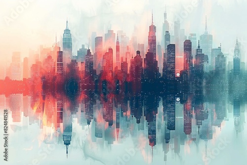 Digital image of cityscape with tall buildings with reflection over a background