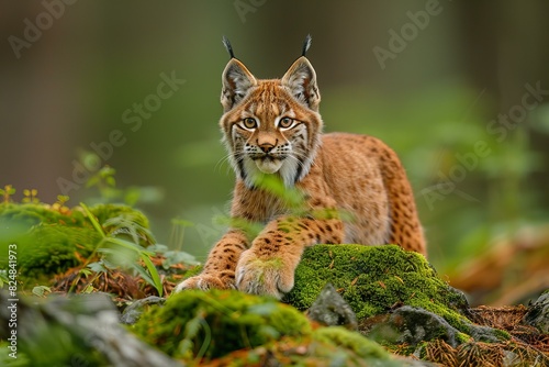 Depicting a chick lynx in the wild standing on the moss rocks in woodland