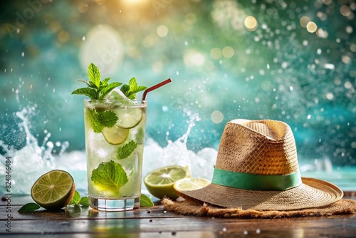 A glass of delicious Mojito cocktail on the background of the pool. Alcoholic cocktail juicy fruit with ice cubes and slices of lemon, lime and mint.