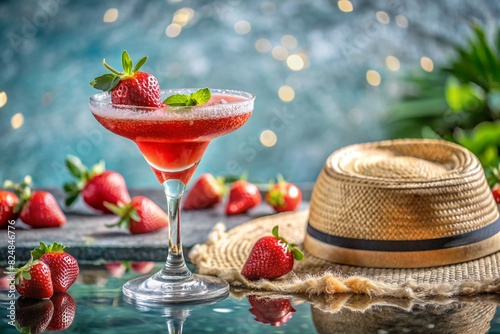 A glass of delicious Strawberry margarita and strawberry cocktail on the background of the pool. Alcoholic cocktail juicy fruit blue with ice cubes, strawberries and mint.