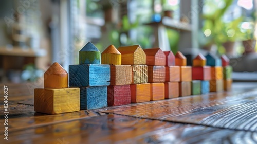 Close-up of a variety of colorful wooden toy blocks in a neat row on a table, with a blurred background